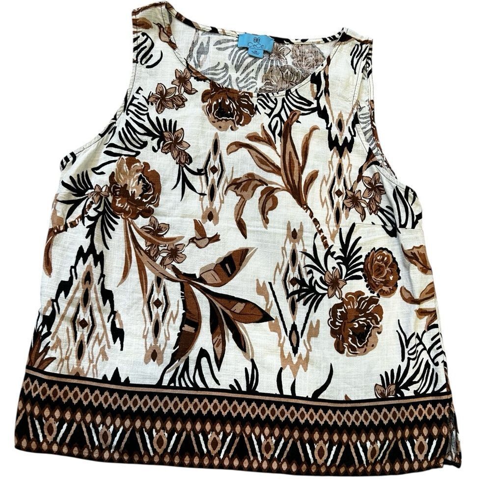 CeCe Brown and White Floral linen blend Tank Top